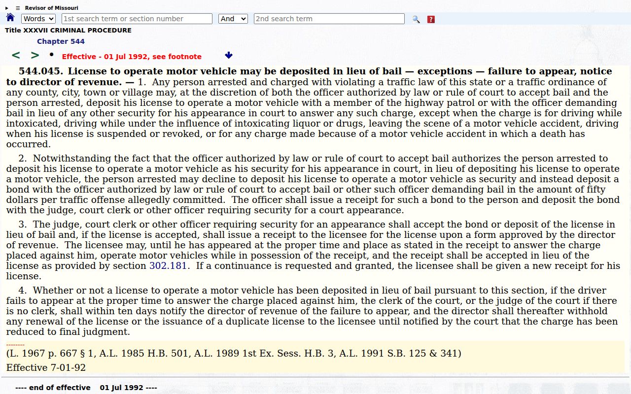 Osage County traffic court reference to Missouri license-held-in-lieu-of-bail law